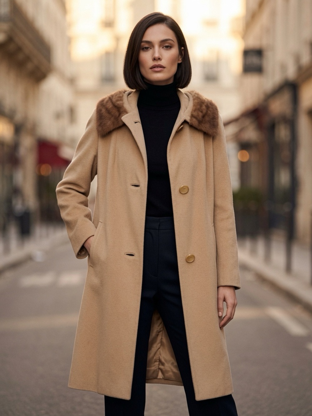 Vintage Swing Coat 100% Cashmere Camel with Mink Fur Collar Mid-length